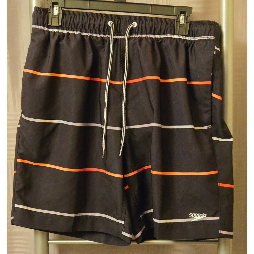 Speedo Mens Swim Trunks Black Orange Striped Board Shorts Drawstring 30x7